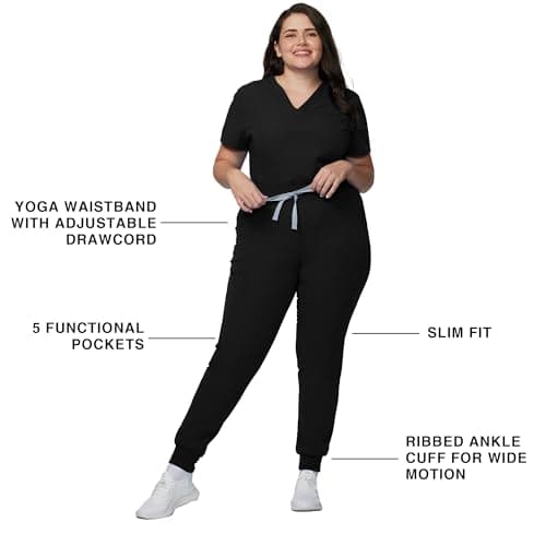 Kitmaz Scrub Pants for Women - Mid Rise 4-Way Stretch Anti-Wrinkle Slim Fit Jogger Pants, Drawstring & 5 Pockets(Black,M) — view 3