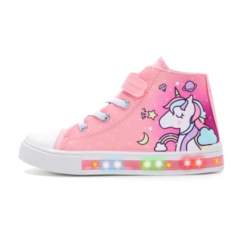 EUXTERPA Kids Toddler Sneakers Light Up Flashing Shoes Girls Easy Fasten High Top Walking Canvas Sneaker, Pink Unicorn, Little Kid Size 11