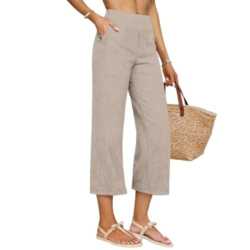 Women's Linen Capri Pants Straight Leg Dressy Slacks Elastic Waist Beach Capris High Waist Lounge Cropped Pants — view 3