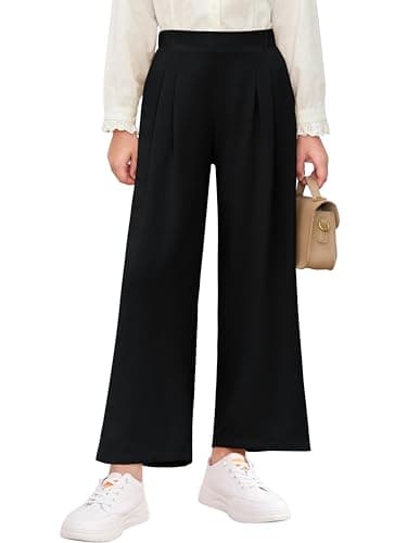 Haloumoning Girls High Waisted Uniform Pants Kids Wide Leg Dress Pants Casual Trousers with Pockets 5-14 Years, Black, 9-10 Years