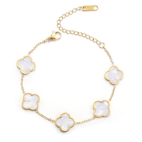AIPPK 18K Gold Plated Clover Lucky Bracelet for Women White/Black/Red/Green Flower Four Leaf Link Bracelets Trendy Jewelry Gifts for Women (White)