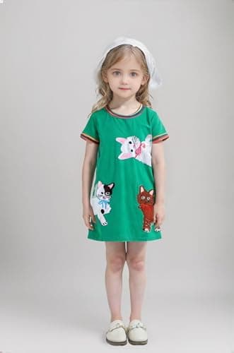 Winzik Toddler Summer Dress, Little Girls Short Sleeve Cotton Casual Dresses Cat Clothes 2-8 Years (3-4T, Cat Green) — view 8