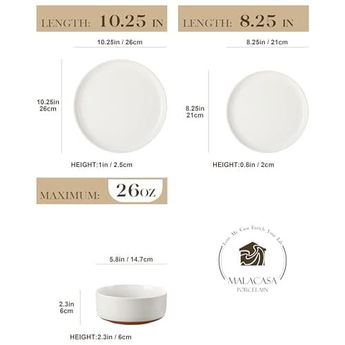 MALACASA Plates and Bowls Sets, 12 Pieces Modern Stoneware Dinnerware Set for 4 Kitchen Dinner Set Ceramic Dishware Dishes Set Microwave and Dishwasher Safe, White, Series TARA