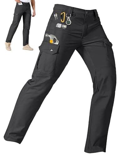 IGOLUMEN Work Pants for Men Stretch Tactical Pants with 11 Pockets Ripstop Cargo Pant Construction Utility Trouser Hiking EDC, Black