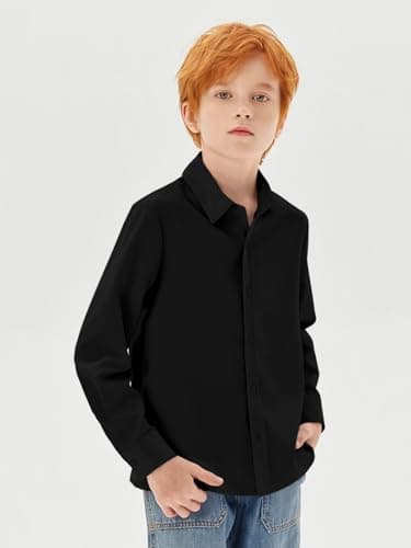 Haloumoning Boys Long Sleeve Dress Shirts Kids Classic Collared Button-Down Shirt School Uniform Shirts 5-14 Years, Black, 9-10 Years — view 3