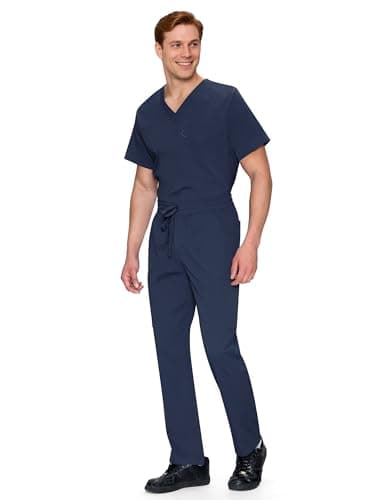 Scrubs for Men Set - V-Neck Scrub Top and Straight Leg Pants with 11 Pockets, Elastic Drawstring Men Scrubs set, Navy Blue, M — view 2