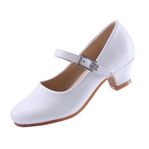 EIGHT KM Girls High Heel Dress Shoes Mary Jane Wedding Party Pumps Princess Shoes EKM7015 Athena Microfiber White Leather Size 2 US Little Kid