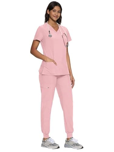 floralhue Scrubs for Women, Women's Medical Scrub Sets, V-Neck Scrubs Top & Cargo Pants with 12 Pockets, Pink Rose, M