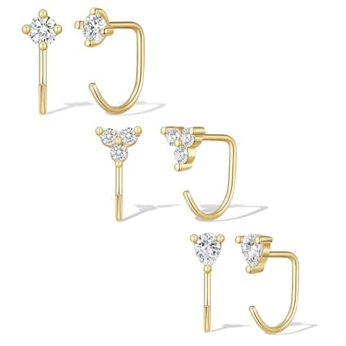 Backless Half Hoop Earrings for Women 14K Gold Plated Clover Drop CZ Charms