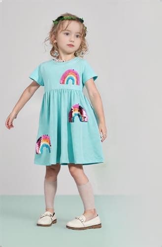 Winzik Toddler Summer Dress, Little Girls Short Sleeve Cotton Casual Dresses Unicorn Easter Clothes 2-8 Years (2-3T, Rainbow Green) — view 7