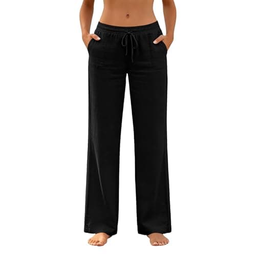 Linen Pants for Women Summer Straight Leg Loose Casual Pants Lightweight Comfy Drawstring Trousers with Pockets Black