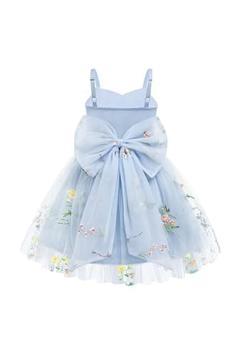 Arshiner Toddler Girls Tulle Dress Bowknot Tutu Birthday Princess Embroidery Blue Floral Dresses Formal Photoshoot Outfit Summer Clothes 5-6Years