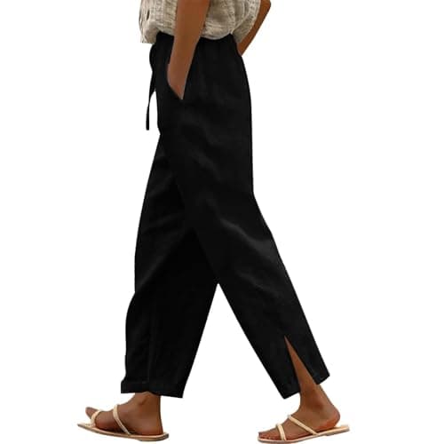TXGMNA Cotton Linen Pants for Women Casual Loose Flowy Palazzo Pants Drawstring Waist Trousers Summer Beach Vacation Outfits Black
