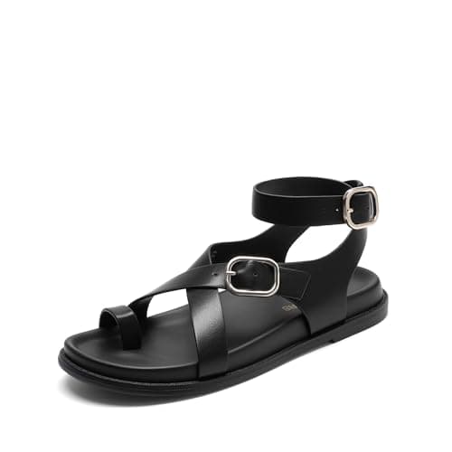 DREAM PAIRS Women's Comfortable Strappy Flat Sandals Shoes,Black,10