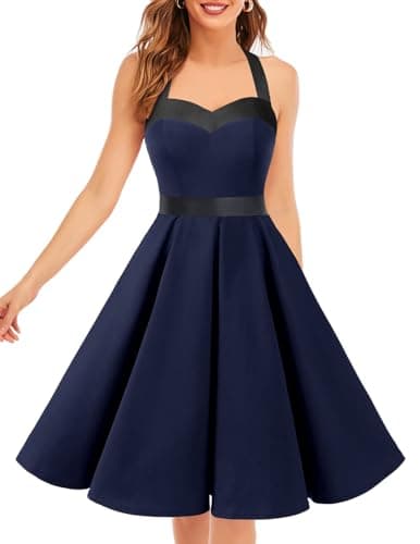 DRESSTELLS Women's Vintage 1950s Cocktail Dresses, 60s Retro Formal Wedding Guest Mother Bride Prom Party Halter Rockabilly Swing Dress Navy Black M