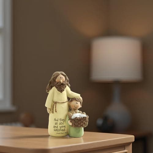 Jesus and Boy Figurine, Resin Christian Statue with Bible Verse Matthew 15:37, Inspirational Jesus Decor for Home, Sunday School and Children's Ministry, 4.13 inch
