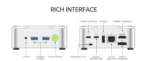GMKtec Mini PC Computer, G10 Ryzen 5 3500U (Beats N150/4300U/3200U), 16GB RAM 512GB SSD 2.5GbE NIC LAN Desktop Office Home Business HTPC, Triple 4K Display, WiFi, BT, USB-C, DP, Type-C PD, HDMI 2.1 — view 3