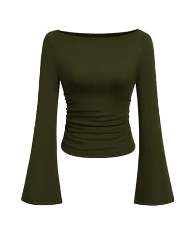PRETTYGARDEN Womens Long Sleeve Shirts 2026 Spring Crop Going Out Tops Casual Boat Neck Bell Sleeve Ribbed Ruched Y2K Clothes (Army Green,X-Small)