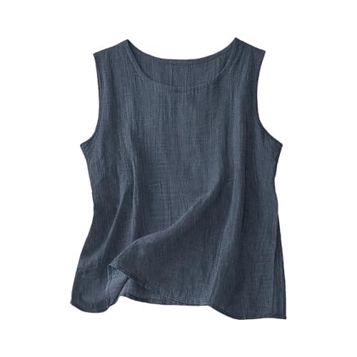 Womens Casual Tops Womens Tank Top Casual Tops for Women Cotton Linen Sleeveless Summer Casual Loose Shirts 2026 Hawaiian Boho Crew Neck Gauze Basic Camisole Dark Blue XL