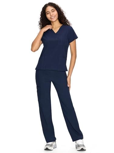 Scrubs for Women Set Medical Uniform - V-Neck Top & Straight Leg Pants with 9 Pockets, Wrinkle-Resistant Unisex Workwear, Navy Blue, M — view 6