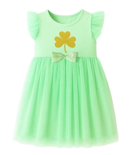 HILEELANG Toddler Girl Green Clover Dress Lucky Shamrock Tulle Outfit with Bow St Patrick’s Day Spring Party Clothes for Kids 4T