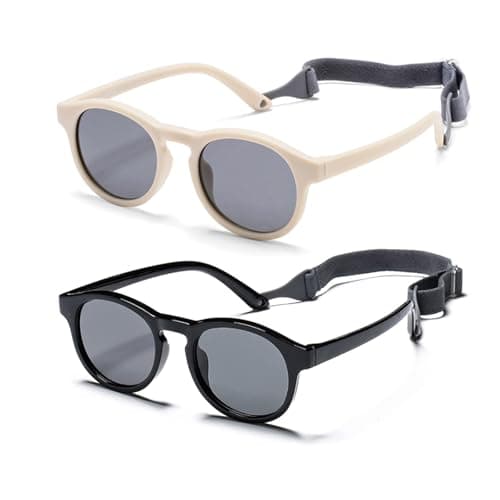 Baby Sunglasses, 2PCS Toddler Sunglasses with Strap Kids Polarized Glasses, Infant Sunglasses for 0-24 Months Soft Frame Safe (Black+Beige)
