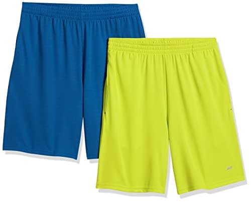 Amazon Essentials Men's Athletic Basketball Gym Shorts, Breathable Moisture Wicking Performance Tech Loose-Fit Training Shorts with Elastic Waist, Pack of 2, Blue/Neon Lime Green, X-Small