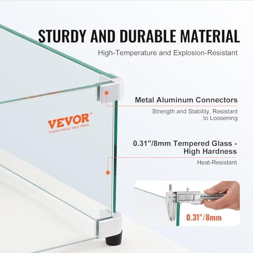 VEVOR Gas Fire Pit Wind Guard for Square Fire Table, 19 x 19 x 7.5 inch Clear Tempered Wind Guard for Firepits, 0.31 inch Thick Square Glass Shield, Glass Panel with Hard Corner Bracket & Feet — view 2