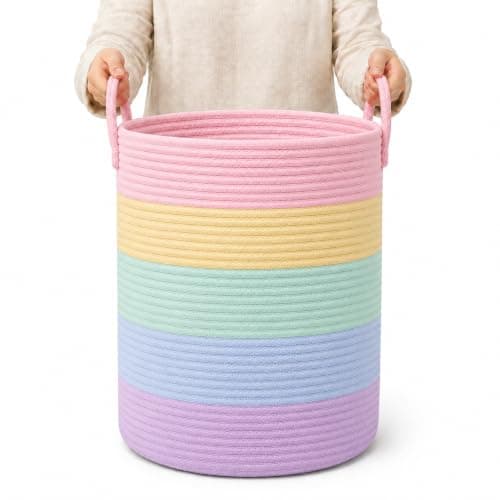 OrganiHaus Tall Rainbow Basket with Handles, Woven Cotton Rope Laundry Basket, Rope Baskets for Dirty Clothes,Towels and Blankets, Large Decorative Storage Bin for Bedroom - 38x45cm
