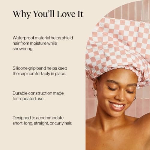 Kitsch Luxury Satin-Lined Flexi Shower Caps for Women Reusable Waterproof - Large Wide Shower Cap for Women & Men, Adjustable, Stylish Hair Cap for Showers, For Long & Short Hair - Terracotta Checker — view 4
