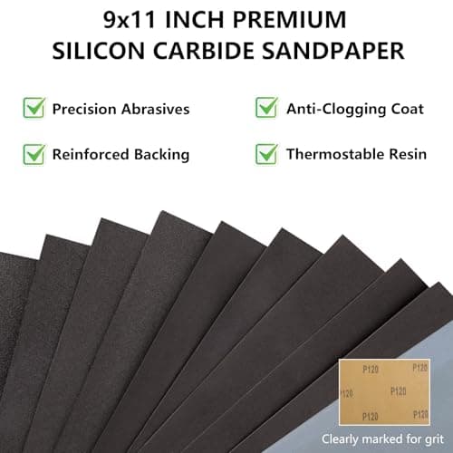 Shineboc Sandpaper Assortment, 18 Sheets, 9 x 11 Inch Wet Dry Sand Paper, 120/180/240/320/400/600/800/1000/2000 Grit Hand Sanding Sheets for Wood Metal Automotive Sanding and Polishing — view 2