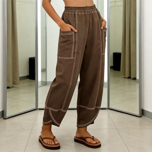 Womens Wide Leg Linen Pants Casual Drawstring Palazzo Harem Pants Loose Beach Travel Vacation Trousers with Pockets — view 2