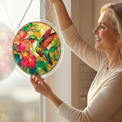 Hummingbird Acrylic Puzzle Suncatcher | 7.87" Stained Glass Style Window Hanging Kit | 83 Pcs DIY Jigsaw Puzzles Garden Decor for Women Mom Gift (Style A, OneSize) — view 3