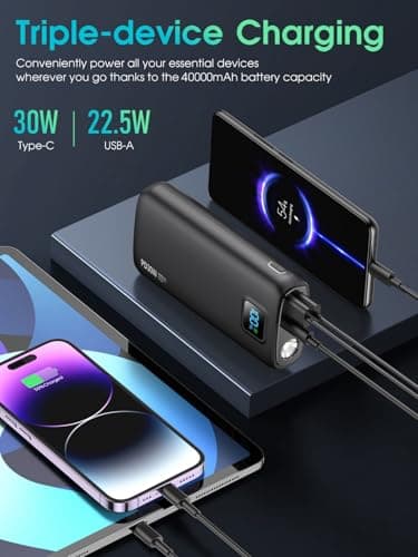Portable-Charger-Power-Bank - 40000mAh Power Bank PD 30W and QC 4.0 Quick Charging Built-in Bright Flashlight LED Display 2 USB 1Type-C Output for Most Electronic Devices on The Market (Matte Black) — view 3