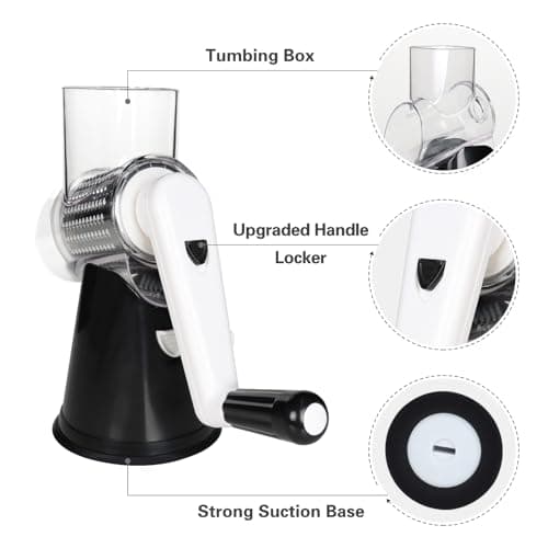 Cambom Rotary Cheese Grater Hand Crank Cheese Shredder for Fresh Cheese, Vegetable, Nuts,Non-slip Suction Base, Three Blades, Black — view 5