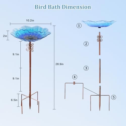 hogardeck 2 in 1 Floral Glass Bird Bath & Feeder - Hanging or Freestanding Outdoor Bird Bath with Sturdy 5-Pronged Base for Garden, Patio, Yard, Lawn Decor — view 3