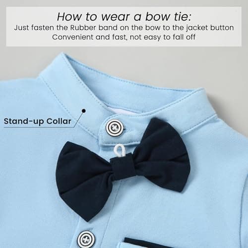 SOLOYEE Baby Boy Clothes Suits 6-9 Months Baby Boys Formal Wedding Outfits Long Sleeve Dress Shirt + Suspender Pants + Bowtie + Beret Gentleman Clothing Set (Blue, 6-9 Months) — view 3