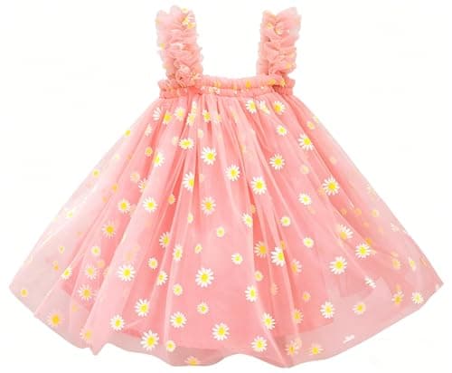AGQT Baby Girls Daisy Tutu Dress Sleeveless Tulle Tutu Dress Princess Birthday Party Babydoll Dresses Pink Daisy-Lace Size 18-24 Months
