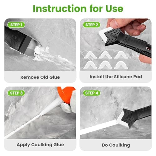 Silicone Caulking Tool, 5 in 1 Caulking Sealant Finishing Tool with Grout Scraper, 6 Exchange Silicone Pads, Adhesive Residue Scraper Seam Repair Kit for Kitchen Bathroom (White)