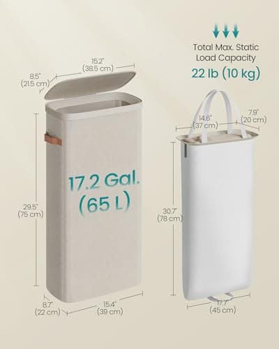 SONGMICS Laundry Basket, 17.2 Gal. Laundry Hamper, Easy Assembly, with Lid and Handles, Removable Liner, 15.4 x 8.7 x 29.5 Inches, Cappuccino Beige ULCB810LH01 — view 5
