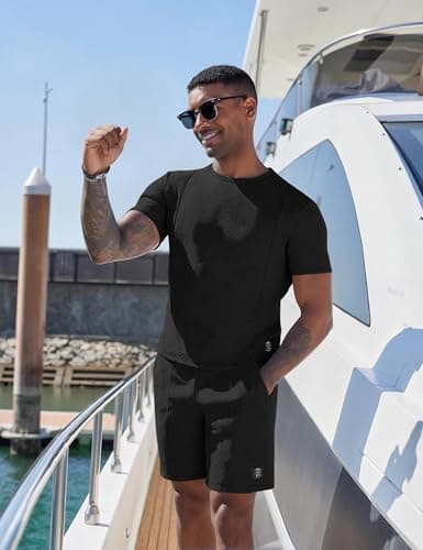 UOUA Mens Short Sets 2 Piece Summer Outfits Casual Short Sleeve Crew-Neck Shirts & Shorts Track Suit Jogging Loungewear, Black XL — view 2