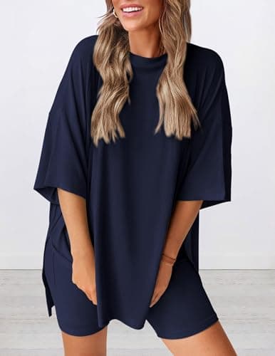 PRETTYGARDEN Women 2 Piece Lounge Set 2026 Summer Casual Oversized Shirts Biker Shorts Matching Airport Travel Outfit Clothes (Navy,Medium) — view 2