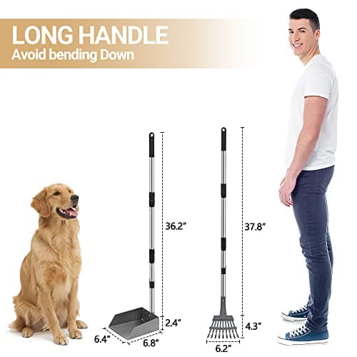 Heeyoo Dog Pooper Scooper, Dog Poop Tray and Rake Set, Pet Waste Removal Scoop with Long Adjustable Sectional Stainless Handles — view 2