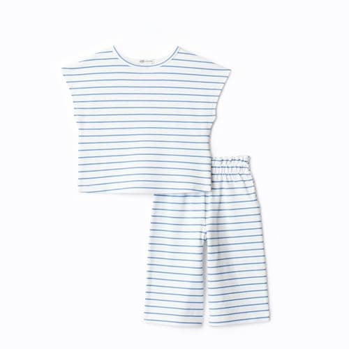 Amazon Essentials Unisex Babies x Sofia Grainge Baby Girl and Toddlers Cotton Pique Short Sleeve T-Shirt & Pants Set, Blue Uneven Thin Stripe, 2T