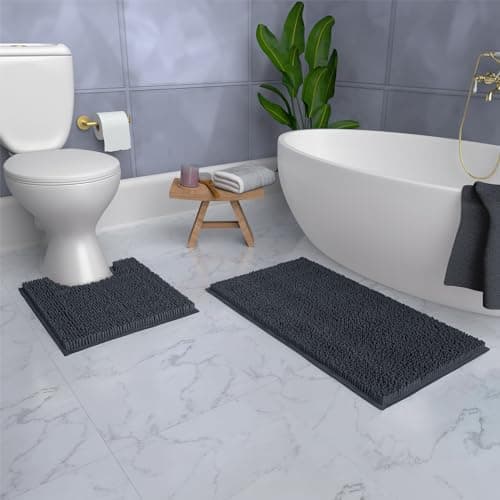 LuxUrux 2 Piece Bath Mat Set, Extra-Soft Plush Bath Shower Bathroom Rug + U-Shaped Toilet Mat. 1'' Chenille Microfiber Material. Super Absorbent. Machine Wash & Dry (Curved Set, Charcoal) — view 5