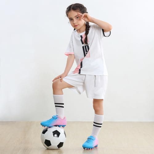 brooman Kids Firm Ground Soccer Cleats Girls Boys Athletic Football Shoes (8 JA,Blue Pink) — view 2