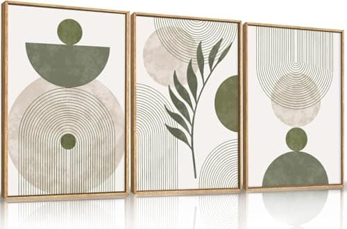 Ausril Large Sage Green Boho Wall Art,Botanical Framed Canvas Wall Art Set,Abstract Minimalist Beige and Green Wall Decor,Modern Geometric Leaf Line Boho Artwork for Living Room,Bedroom,Office 16 x24'' x3