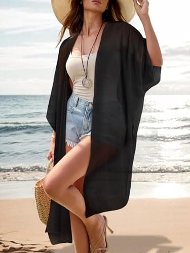 MayBuy Women's Summer Long Flowy Kimono Cardigans Boho Chiffon Beach Cover Up Tops, 002 Black, Large — view 2