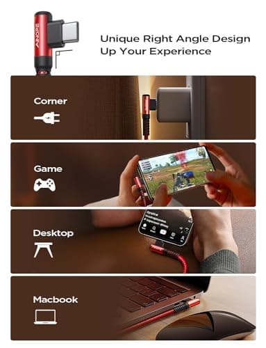AINOPE 240W High Speed USB C Cable [10ft] USBC to USBC Cable, Right Angle C to C Cable Fast Charging Compatible with iPhone 16 Charger Cord, iPad Pro,MacBook Air 2024 M4,Samsung Galaxy S24, Red — view 2