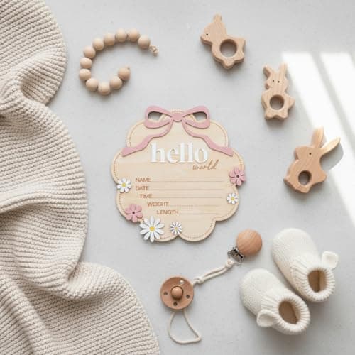 TTMerriwood Hello World Wooden Baby Birth Announcement Sign with Pink Bow, Cloud Shape Floral Newborn Name Date Time Weight Length Board, Baby Girl Nursery Photo Prop (Light Pink) — view 2